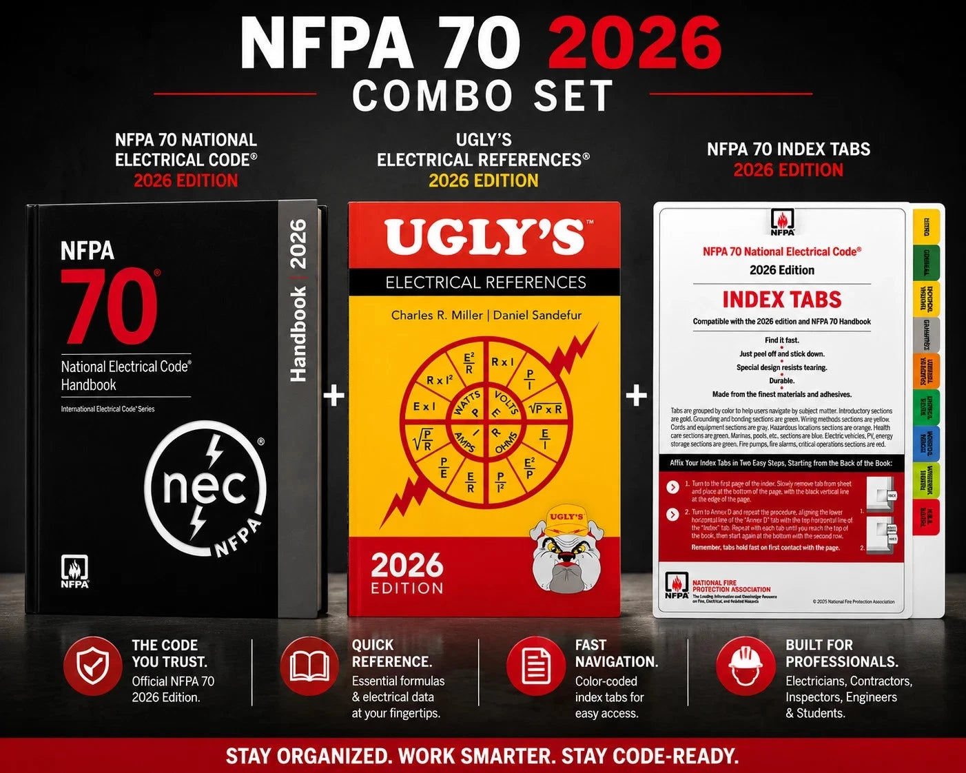 NFPA 70 2026 Combo Set featuring the NFPA 70 National Electrical Code Handbook, Ugly's Electrical References 2026 Edition, and NFPA 70 Index Tabs 2026 Edition, displayed on a black background with promotional text and icons.