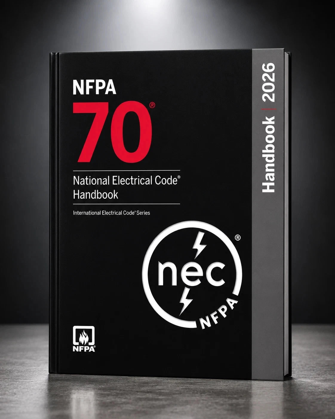 NFPA 70 National Electrical Code Handbook 2026 standing upright on a dark surface against a black background. The cover is black with large red '70' text, white 'NFPA' and 'Handbook 2026' text, and a white NEC logo.