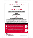 Instruction sheet for NFPA 70 National Electrical Code 2026 Edition Index Tabs, showing product information, color-coded section guides, and step-by-step application instructions with small diagrams.