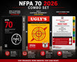 NFPA 70 2026 Combo Set featuring the NFPA 70 National Electrical Code Handbook, Ugly's Electrical References 2026 Edition, and NFPA 70 Index Tabs 2026 Edition, displayed on a black background with promotional text and icons.