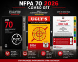 NFPA 70 2026 Combo Set featuring the NFPA 70 National Electrical Code Handbook, Ugly's Electrical References 2026 Edition, and NFPA 70 Index Tabs 2026 Edition, displayed on a black background with promotional text and icons.
