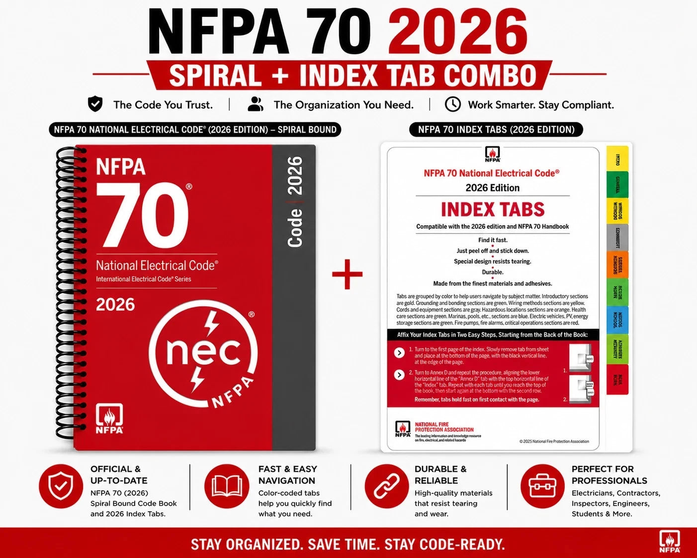 Official NFPA 70 NEC 2026 spiral-bound electrical code book shown alongside official color-coded self-adhesive index tabs.