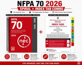 Official NFPA 70 NEC 2026 spiral-bound electrical code book shown alongside official color-coded self-adhesive index tabs.