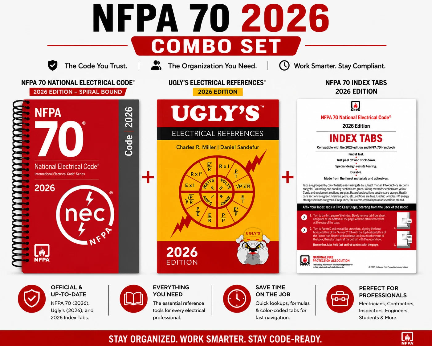 Promotional graphic for the NFPA 70 2026 Combo Set, showing three included items: an NFPA 70 National Electrical Code 2026 Edition spiral-bound textbook, a copy of Ugly's Electrical References 2026 Edition, and an NFPA 70 Index Tabs 2026 Edition booklet. The image includes descriptive text, icons, and branding on a white background.