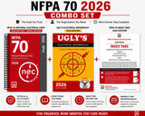 Promotional graphic for the NFPA 70 2026 Combo Set, showing three included items: an NFPA 70 National Electrical Code 2026 Edition spiral-bound textbook, a copy of Ugly's Electrical References 2026 Edition, and an NFPA 70 Index Tabs 2026 Edition booklet. The image includes descriptive text, icons, and branding on a white background.