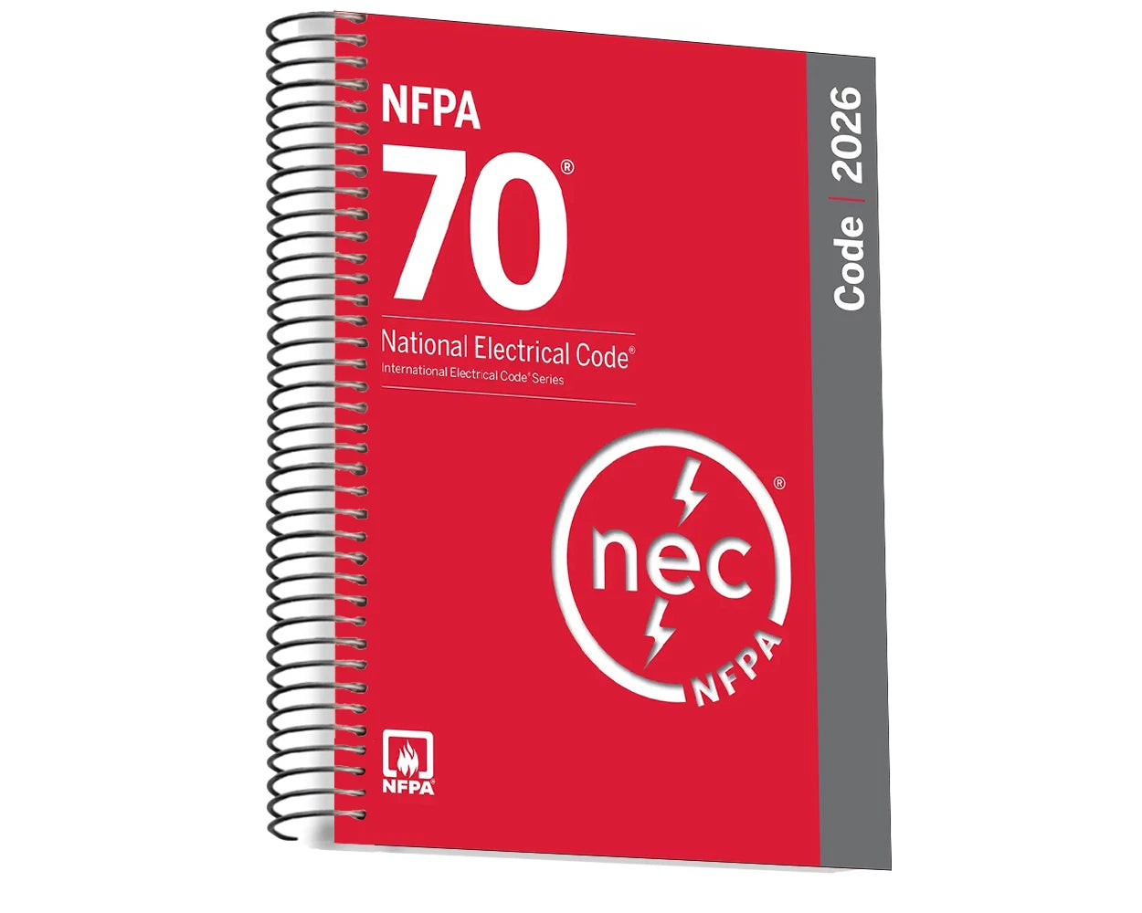 A spiral-bound NFPA 70 Code 2026 National Electrical Code study guide book with a red cover, white text, and a gray spine band, shown on a plain white background.