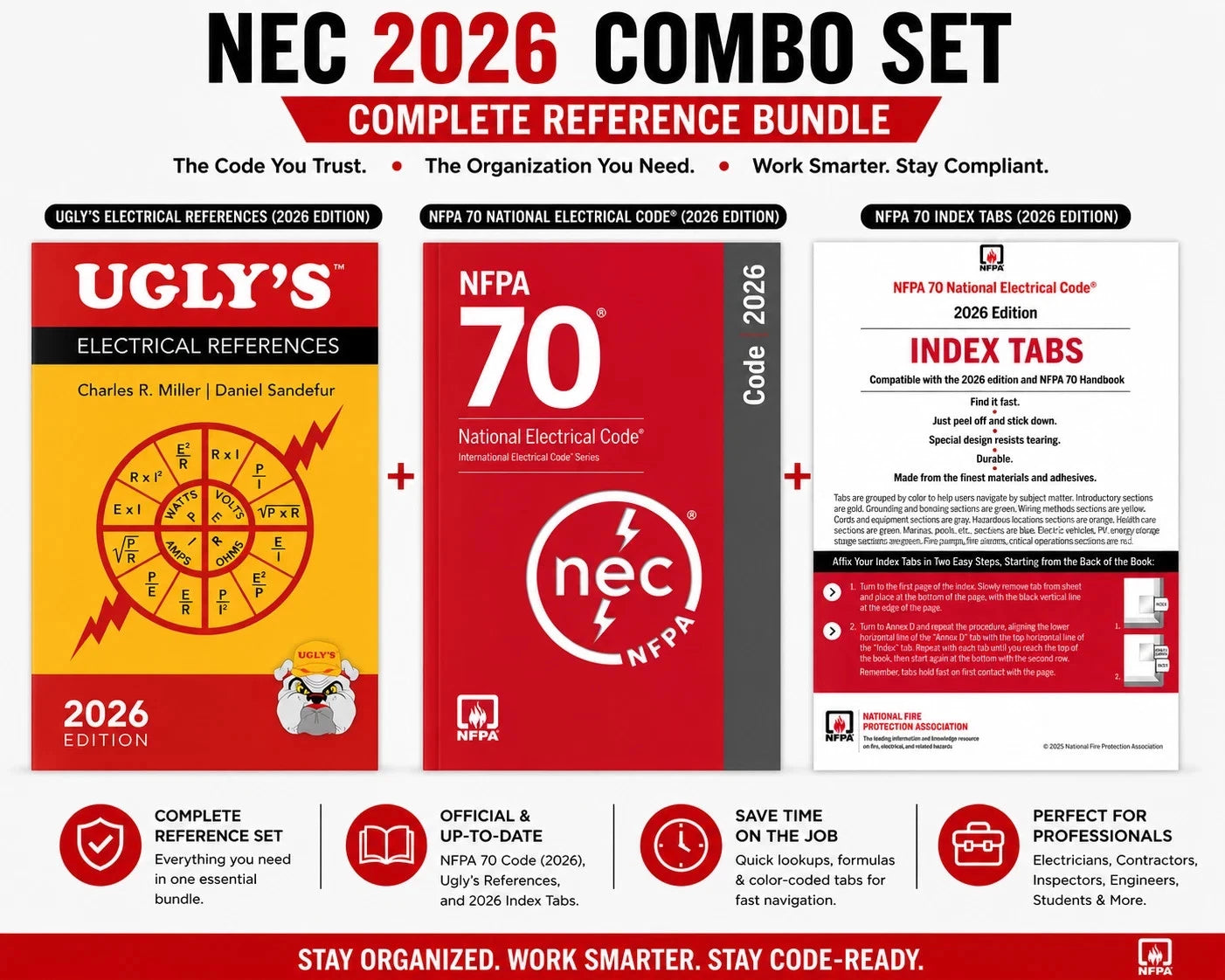 Promotional graphic for the NEC 2026 Combo Set, combining Ugly's Electrical References 2026 Edition and NFPA 70 National Electrical Code 2026 Edition with NFPA 70 Index Tabs. The layout features three main product covers in red, yellow, and white, with descriptive text and icons at the bottom highlighting key features.