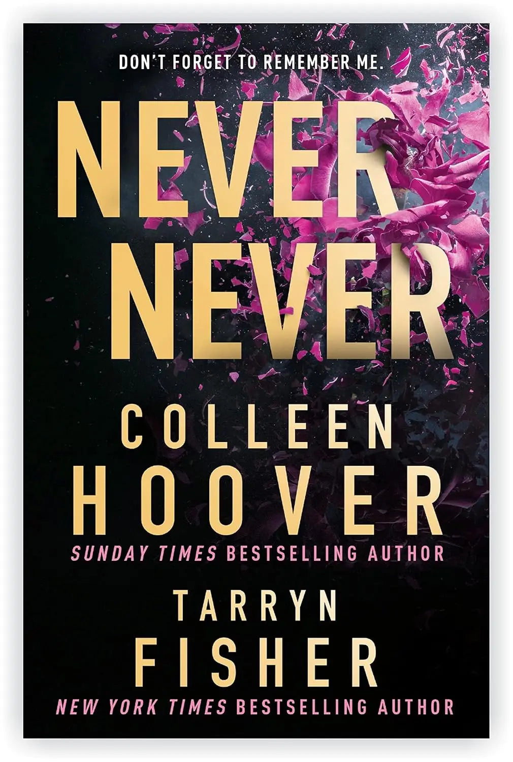 Book cover of 'Never Never' by Colleen Hoover and Tarryn Fisher with a dark background and pink floral elements.