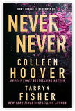 Book cover of 'Never Never' by Colleen Hoover and Tarryn Fisher with a dark background and pink floral elements.
