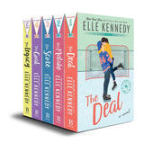 Box set of Elle Kennedy books with colorful covers and a prominent cover featuring a couple.