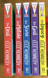 Five hardcover books from The Cleopatra Chronicles series by Elle Kennedy, standing upright in a row. The spines are colored red, pink, blue, purple, and yellow, with white text and numbers 1 through 5.