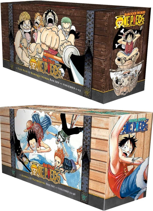 One Piece manga box set collection volumes 1 to 46 featuring box sets 1 and 2 with free bonus manga wall poster from nybookshub.
